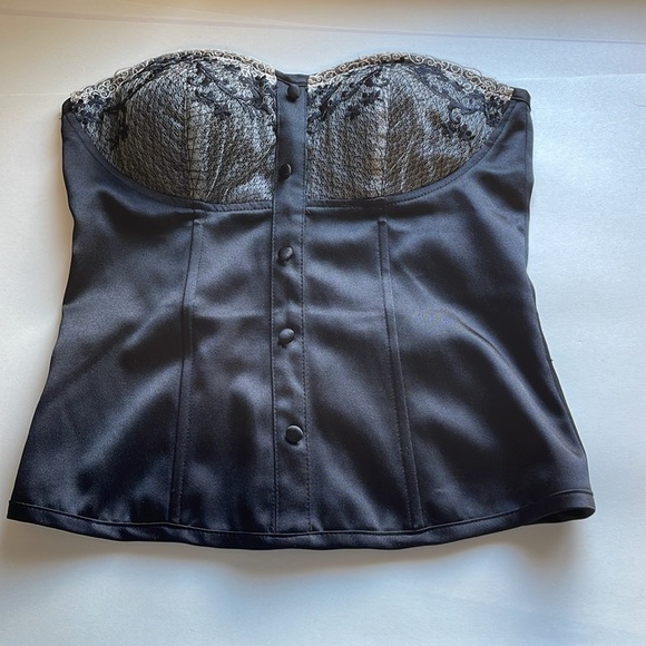 Y2K Lace Bustier Top Medium Black Button Satin Corset Boning CottonExpress - Picture 13 of 14